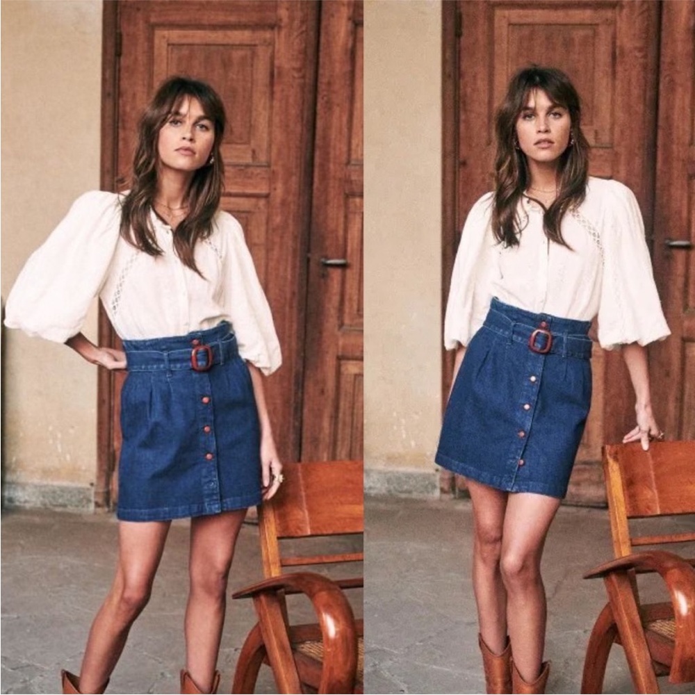 SOLD Sezane Tesse Denim Mini Skirt with Belt Loops In Size 38 (6)